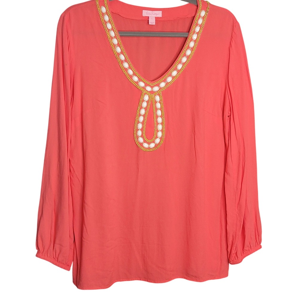 Lilly Pulitzer Tunic Women Lg Coral Beaded Tropical Beach Cruise Preppy Classic
